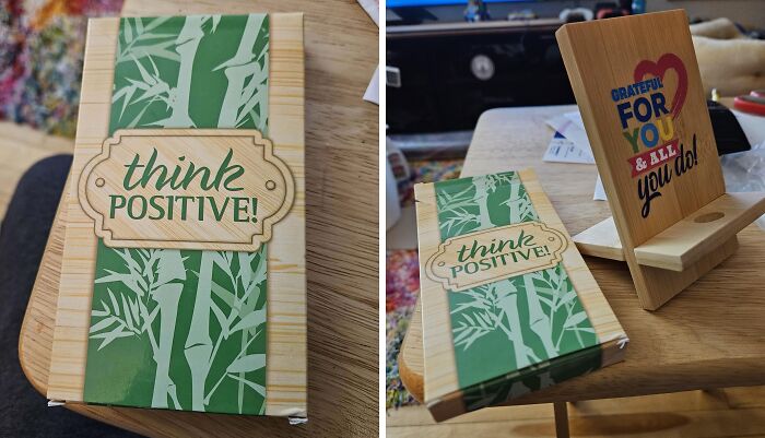 Corporate gifts with 'think positive' and 'grateful for you' messages on a bamboo-themed background.