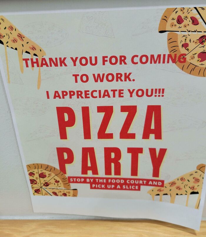 Pizza party sign thanking employees, featuring illustrations of pizza slices.