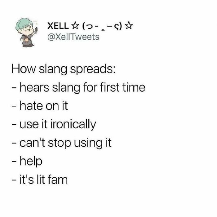 Meme illustrating the spread of slang, relatable for the avocado generation.