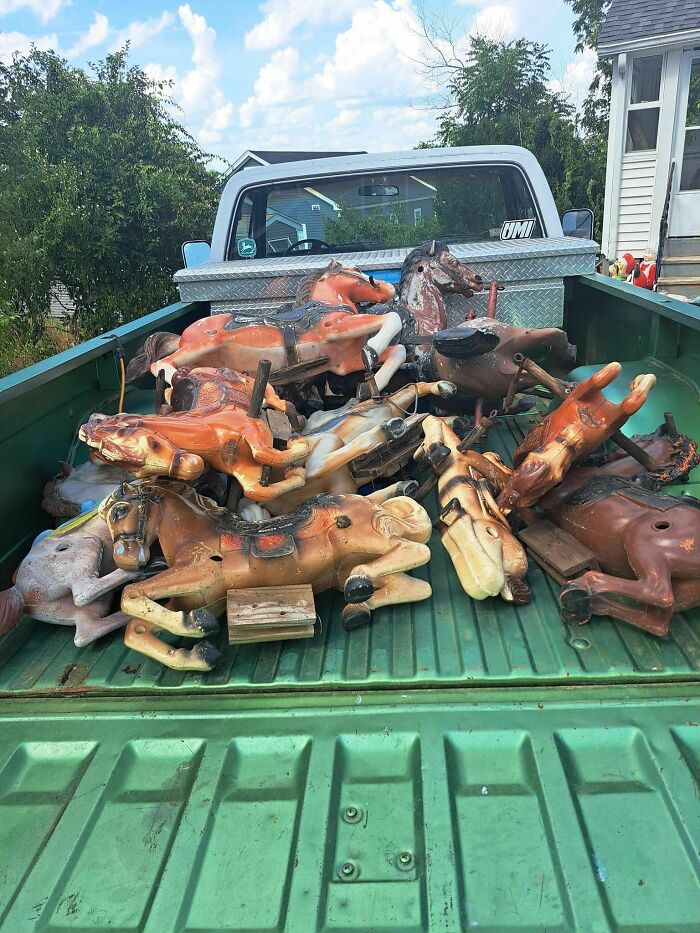 Vintage carousel horse figures in a truck bed found in a secondhand shop.