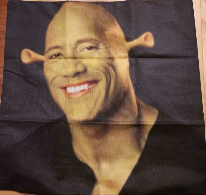 Altered face photo with humorous elements, illustrating online shopping scams and fails.