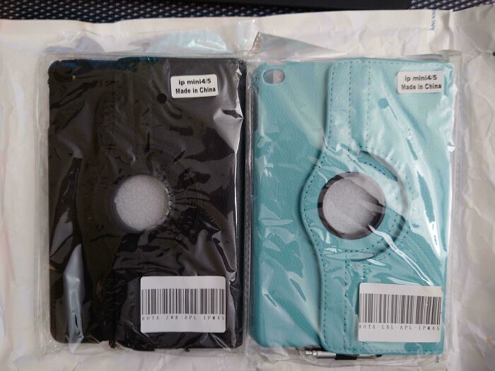 Two mismatched tablet cases showing an online shopping scam fail with labels "ip mini4/5 Made in China."