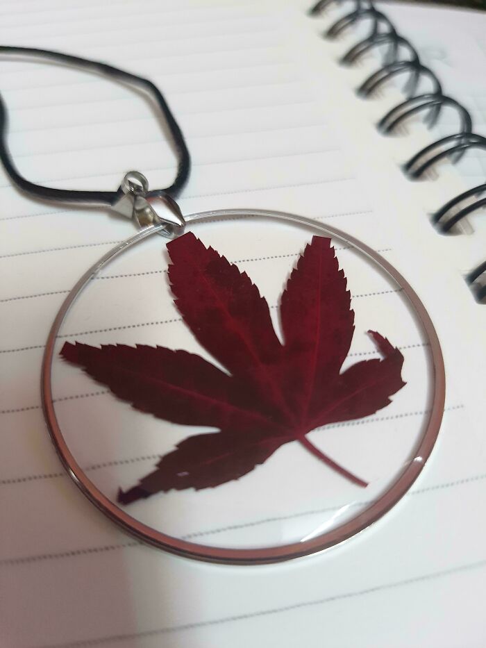 Pendant with a red leaf displayed on a notebook, representing online shopping fail.
