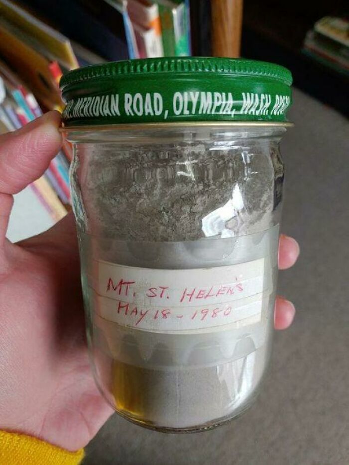Jar with ash labeled "Mt. St. Helens May 18, 1980," a unique secondhand find from a FB group collection.