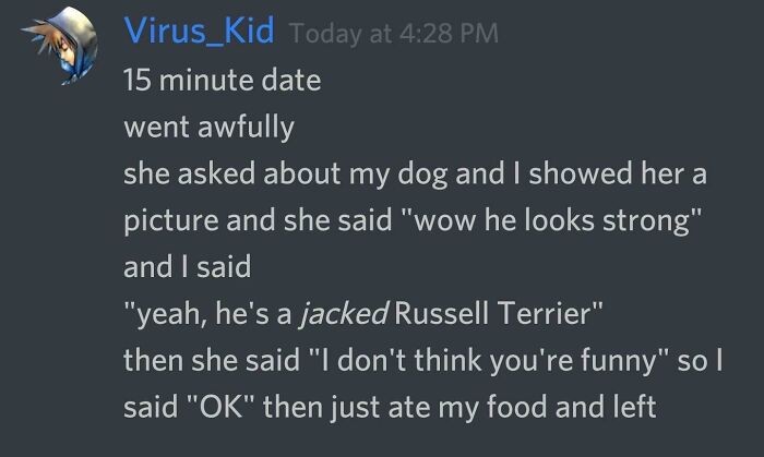 Text conversation about an awkward date moment involving a joke about a Russell Terrier.