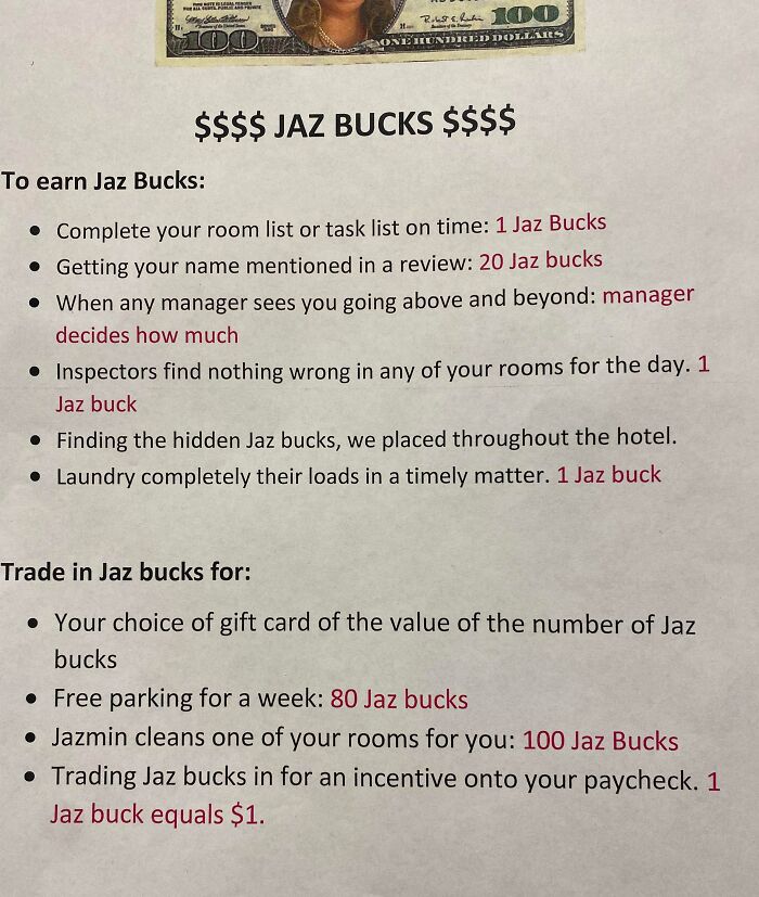 Jaz Bucks flyer outlining various ways to earn and trade company bonuses, featuring a $100 bill image.