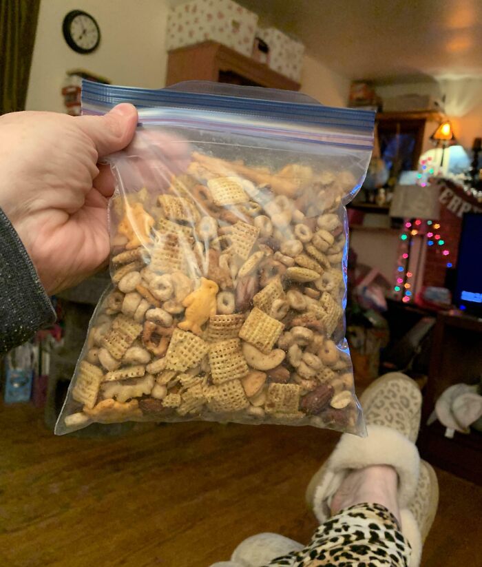 Bag of mixed snack items, showcasing an infuriating company gift as a bonus replacement.