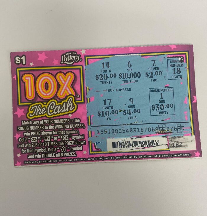 Lottery scratch-off ticket with low winnings, infuriating gifts and bonuses theme.