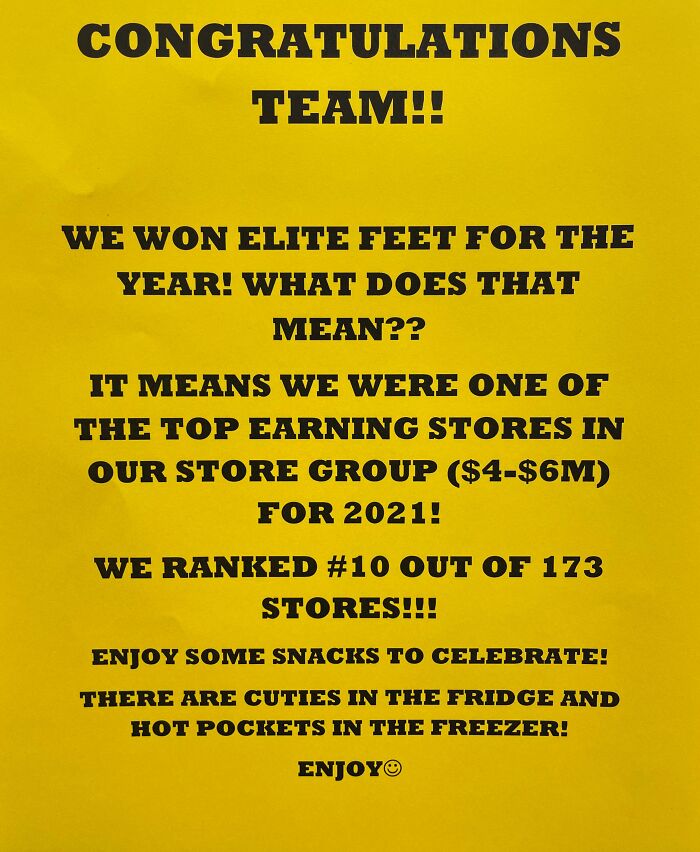 "Congratulatory note about company bonuses offering snacks for ranking in top store earnings."