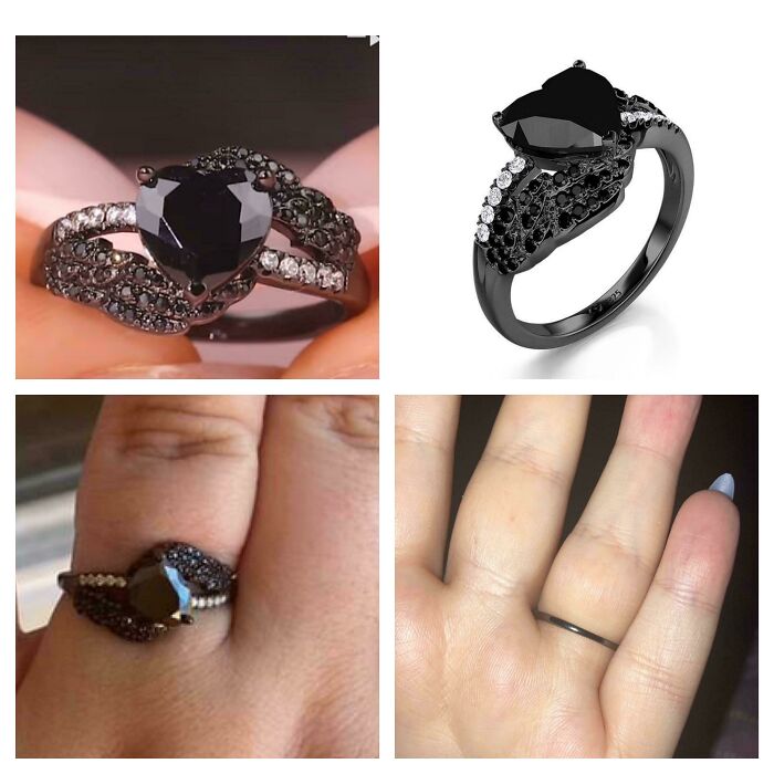 "Online shopping scams featuring a poorly made ring compared to a glamorous ring advertisement."