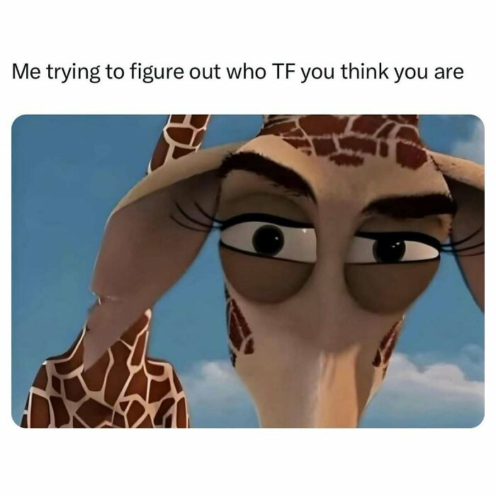 Close-up of a cartoon giraffe with a confused expression, illustrating funny posts about barely holding it together.