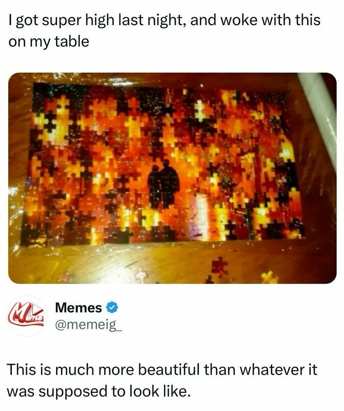 Incomplete jigsaw puzzle with fiery colors and silhouetted figure, illustrating funny posts about barely holding it together.