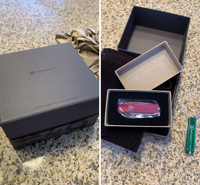 Company gifts showing boxes with Swiss Army knives inside, highlighting bonuses.