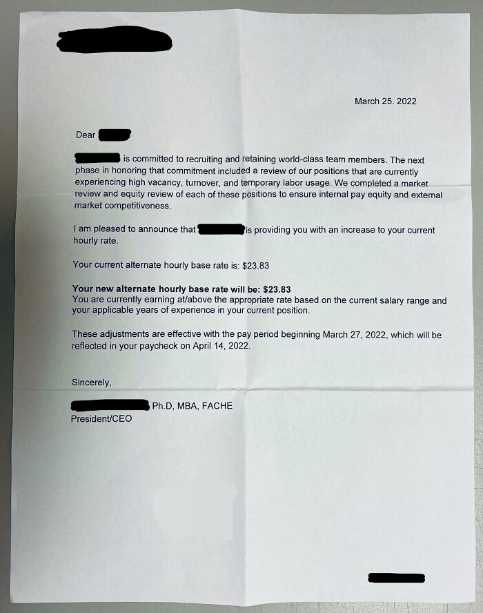 Letter regarding company gifts bonuses with unchanged hourly rate, signed by the President/CEO.