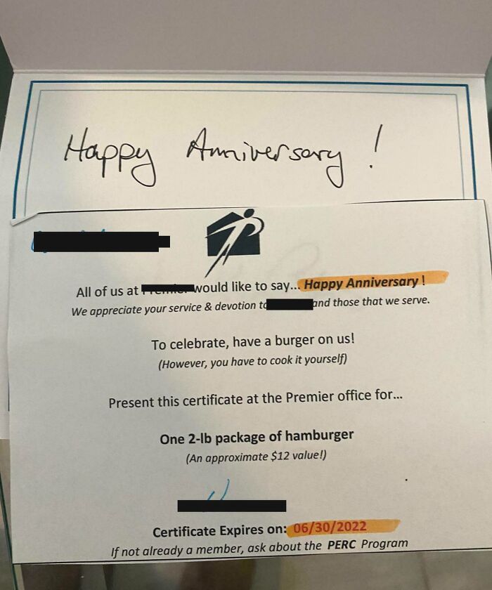 Certificate for a 2-lb hamburger package as an infuriating company gift, featuring a handwritten "Happy Anniversary" note.