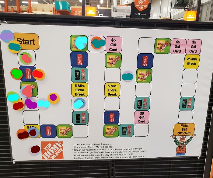 Employee incentive board with various small bonuses and rewards.
