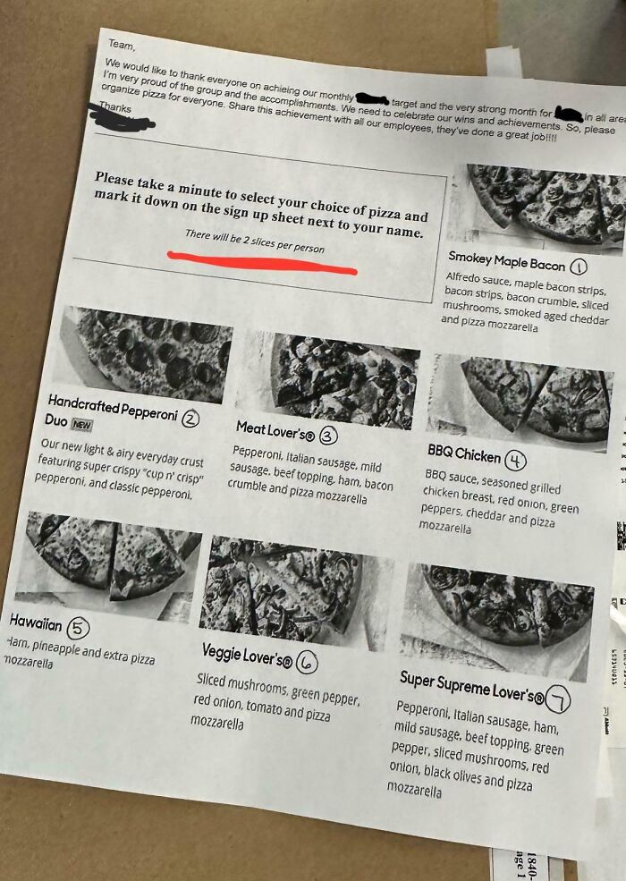 Pizza selection sheet with various options, offering two slices per person as a company gift bonus.
