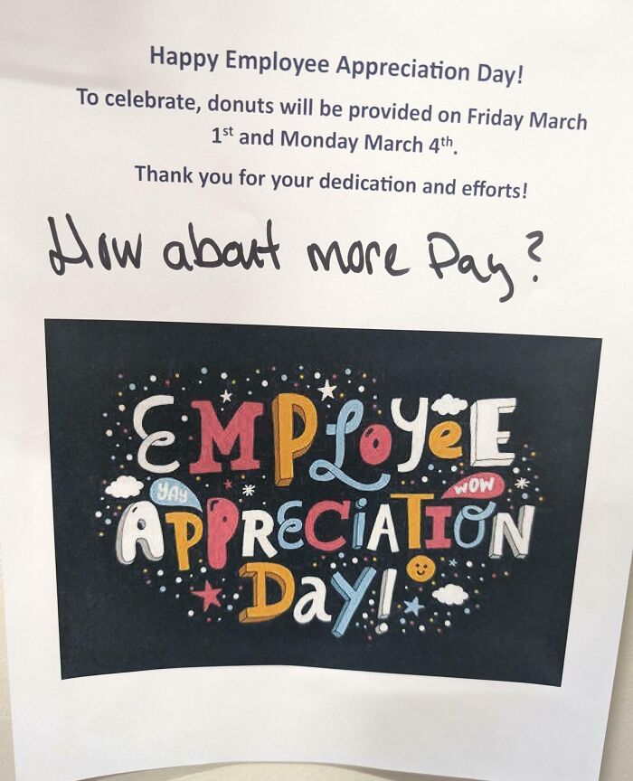 Employee Appreciation Day poster with handwritten note questioning company bonuses.