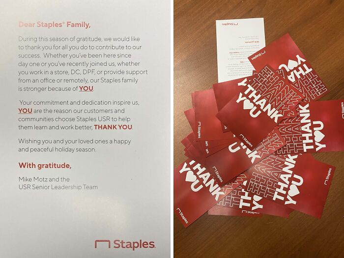 Red thank you cards and a gratitude letter from a company, reflecting holiday bonuses and gifts.