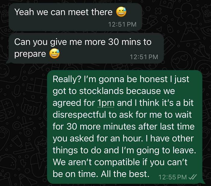 Text conversation depicting awkward date moments with a disagreement over meeting time.