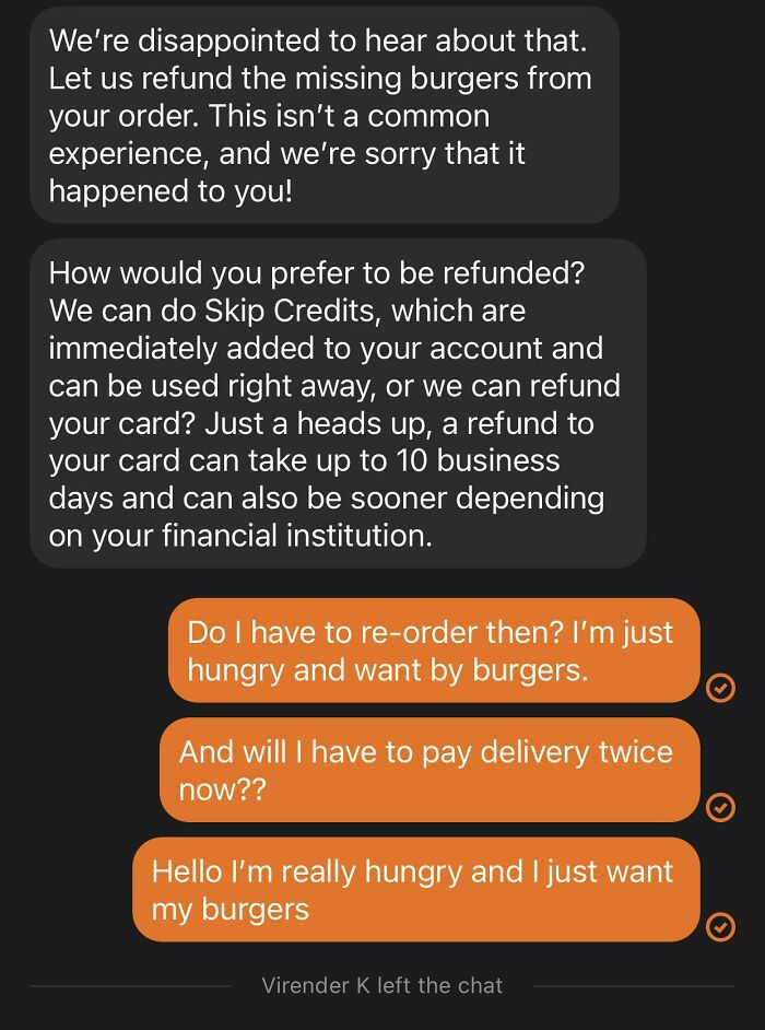 Chat conversation showing a customer confused about order refund options in a hilariously useless customer support interaction.