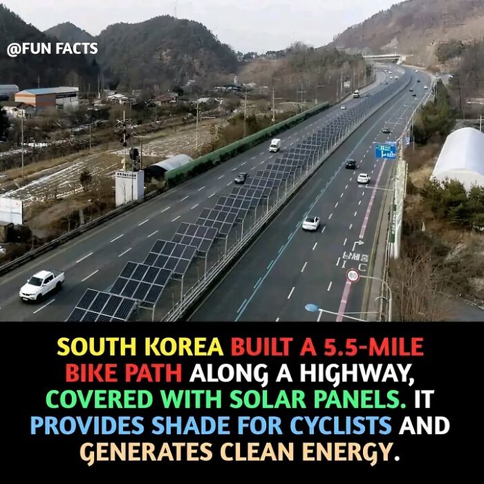 Solar panel bike path in South Korea along highway, generates clean energy and provides shade for cyclists.
