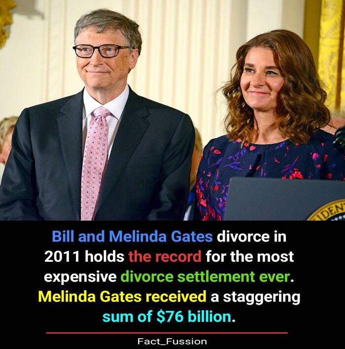 A couple standing together during an event highlighting fascinating facts about their divorce settlement.