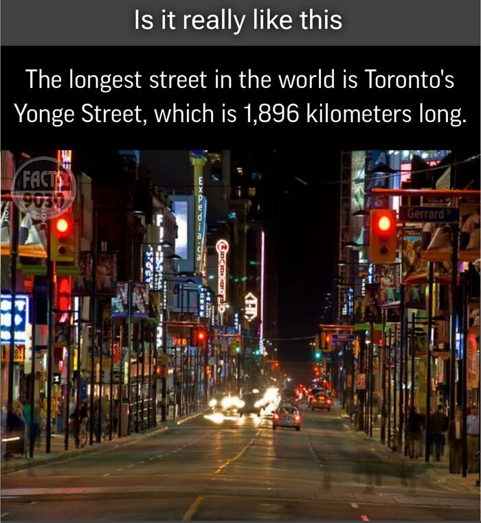 Toronto's Yonge Street at night, known as the longest street globally, features colorful lights and busy traffic.