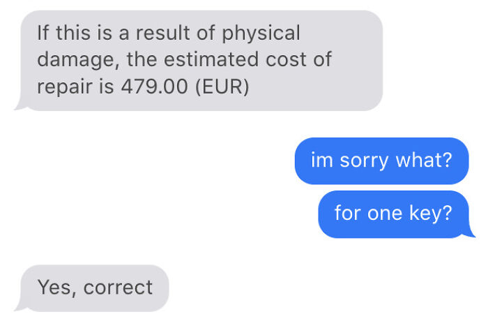 Text message exchange showing a confusing and hilariously useless customer support interaction about repair costs.