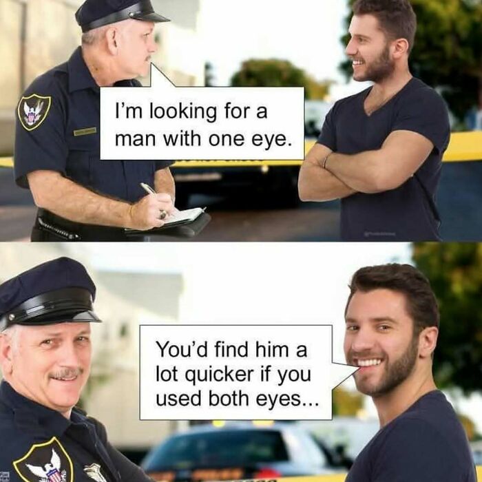Police officer and man sharing a dad joke about finding a man with one eye, highlighting dad humor.