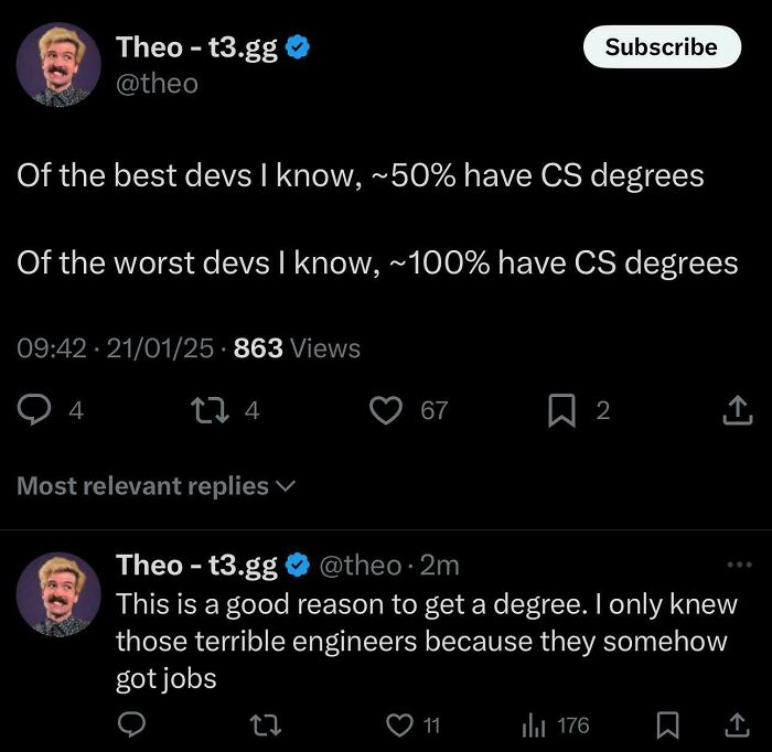 Tweet meme for programmers comparing CS degrees of best and worst developers.