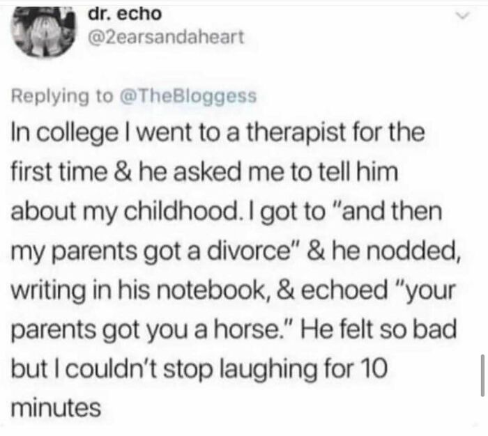 A funny tweet about a therapist confusing childhood trauma with parents buying a horse, illustrating really dumb tweets.