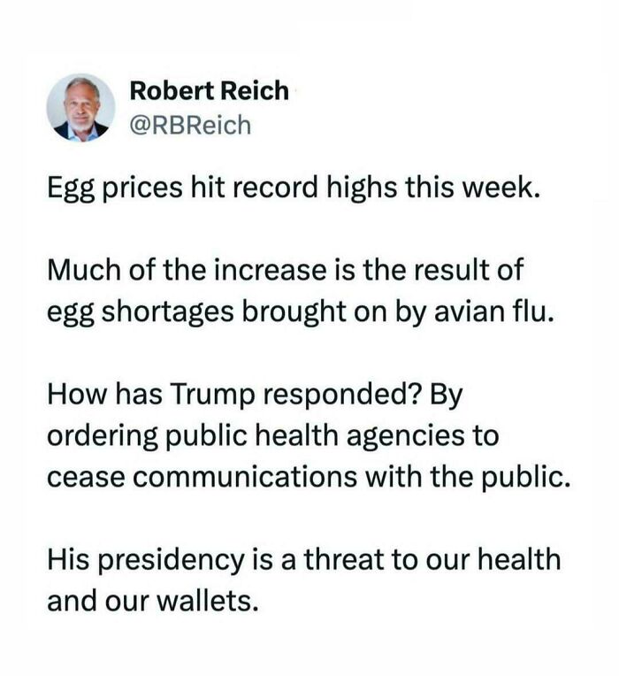 Tweet about record-high egg prices due to avian flu and a facepalm moment involving public health communication cutoff.