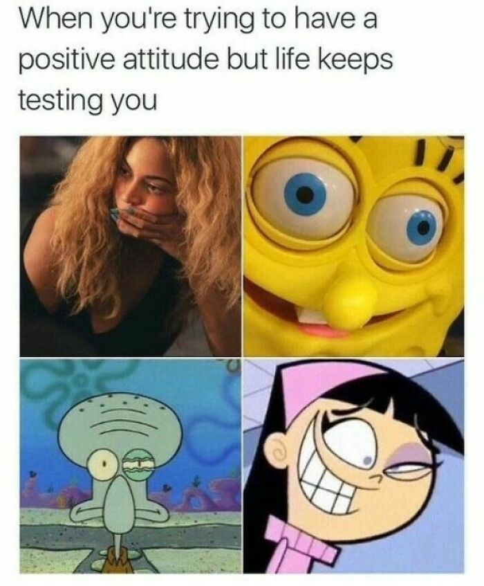 Four cartoon characters with stressed and awkward expressions illustrating humor as a coping mechanism in life’s challenges.