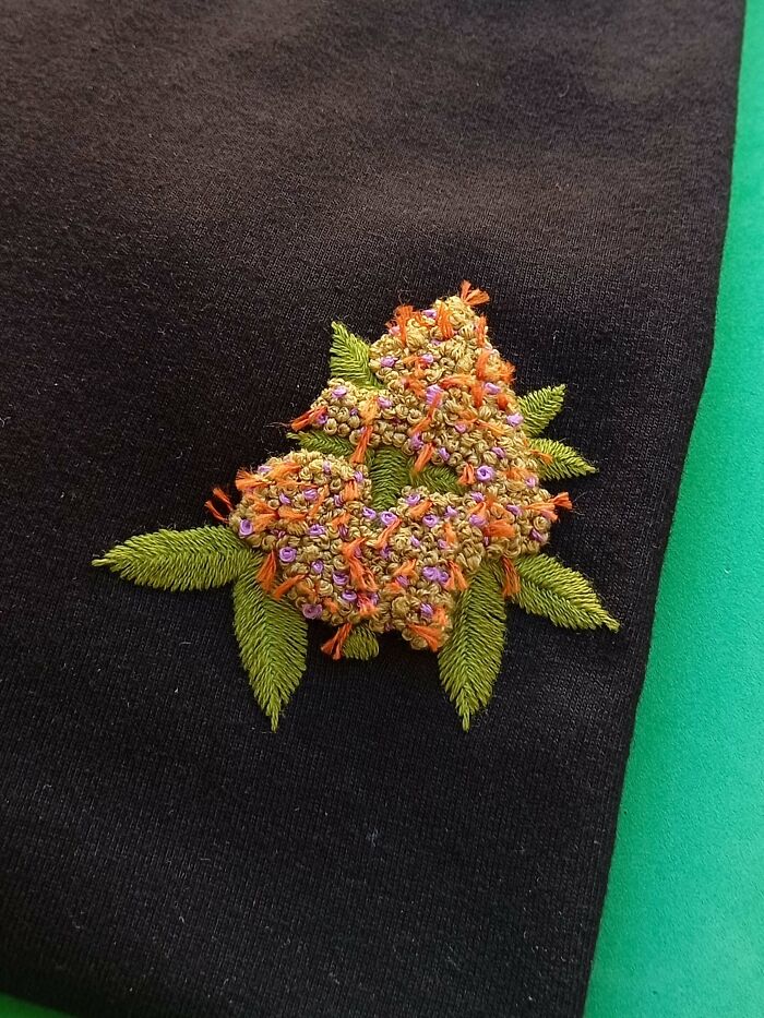 Intricate DIY embroidery featuring vibrant floral patterns on black fabric.