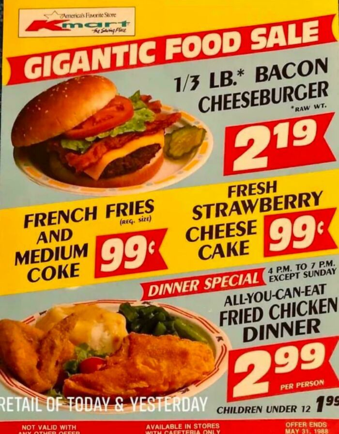 Vintage restaurant menu featuring a bacon cheeseburger, fried chicken dinner, and nostalgic food prices from a bygone era.