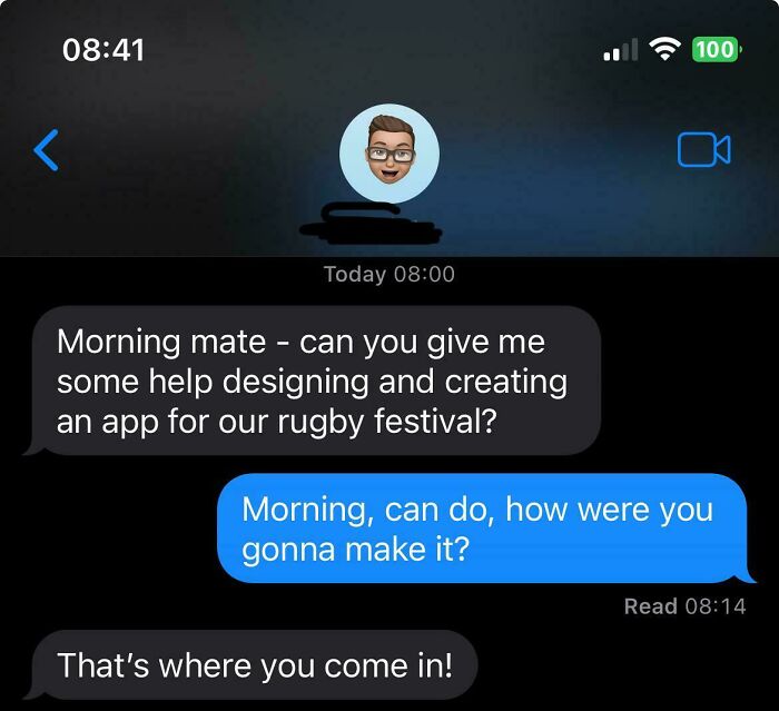 Text exchange meme for programmers about designing an app for a rugby festival.