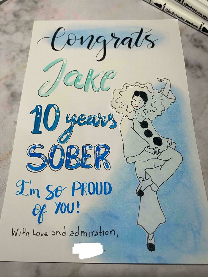 Handmade congratulations card for sobriety anniversary with artistic design.