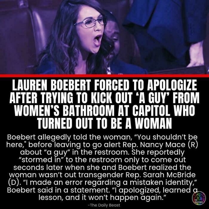 Lauren Boebert apologizing after a facepalm moment involving a mistaken identity at the Capitol women's bathroom.