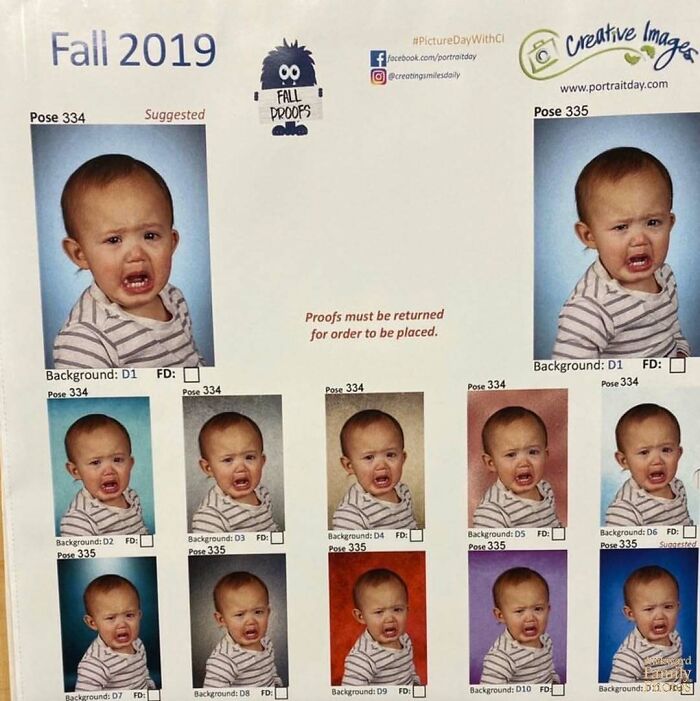 Baby making awkward crying faces in multiple family photo proofs with different colored backgrounds, capturing an awkward yet sweet moment.