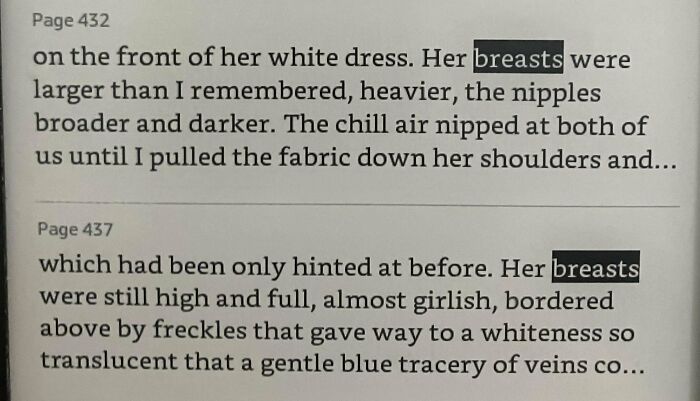 Close-up of a book page with text describing female breasts, highlighting male authors' limited understanding of women.