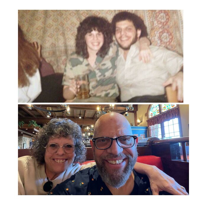 Wholesome photos of a couple then and now: young pair cuddling with drinks, and older smiling partners in a restaurant