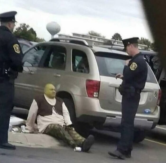 Man in Shrek costume sitting on the ground near SUV while two police officers stand nearby in a weird side of the internet pic.