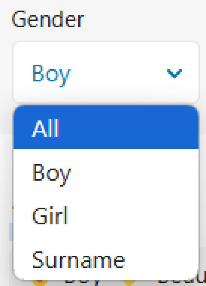 Dropdown menu showing gender options with a fail including an incorrect or irrelevant option in the list.