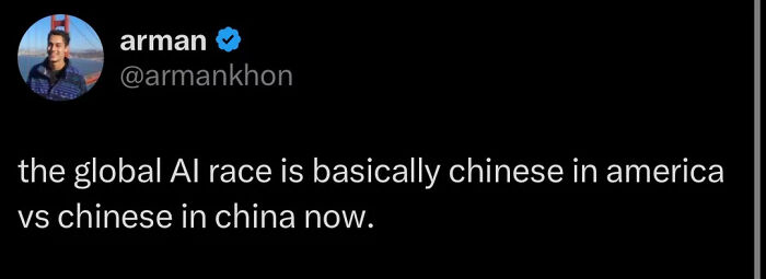 Tweet about the AI race, DeepSeek highlights dynamics between China in America and China in China.