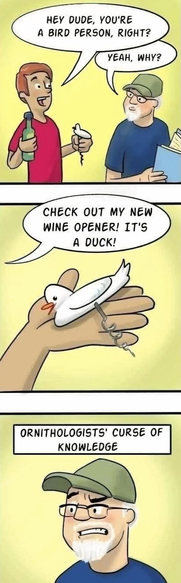 Cartoon of a man showing a bird-shaped wine opener to another man, who looks perplexed.