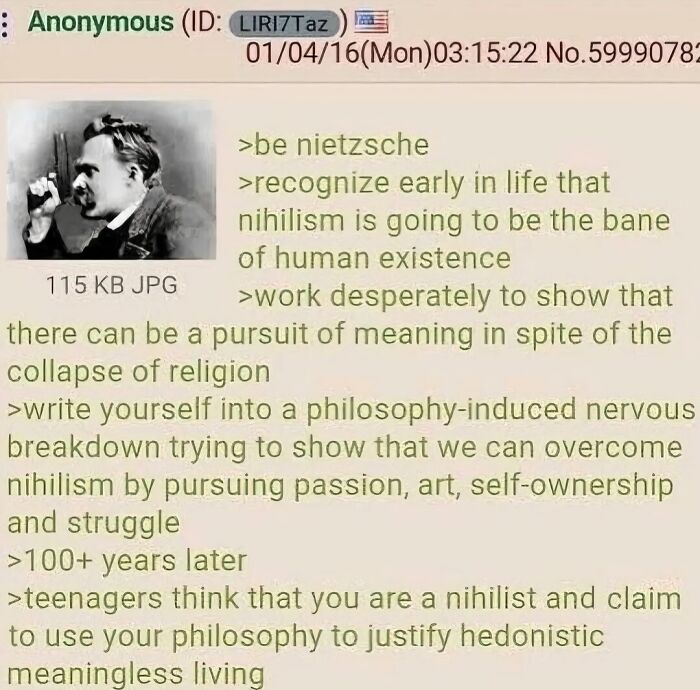Philosophy meme highlighting Nietzsche's views on nihilism and its impact, with humorous commentary.