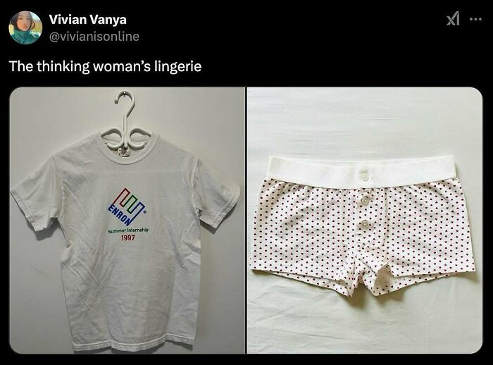 T-shirt and underwear displayed side by side as part of hilarious Circle Of Idiots memes about thinking women’s lingerie.