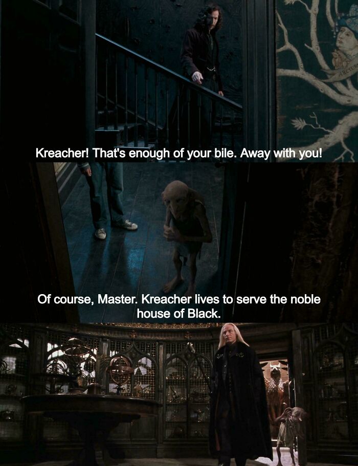 Scene from a fantasy movie featuring characters and dialogue highlighting questionable movie details mocked by cinephiles online.