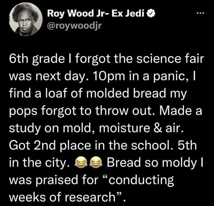 Tweet about a 6th grade science fair project using moldy bread, featured in really dumb tweets for laughs.